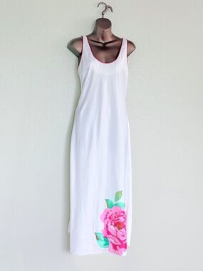 VTG 90s Fernando Sanchez Squette White Maxi Nightgown Floral Pink Peony Sz S